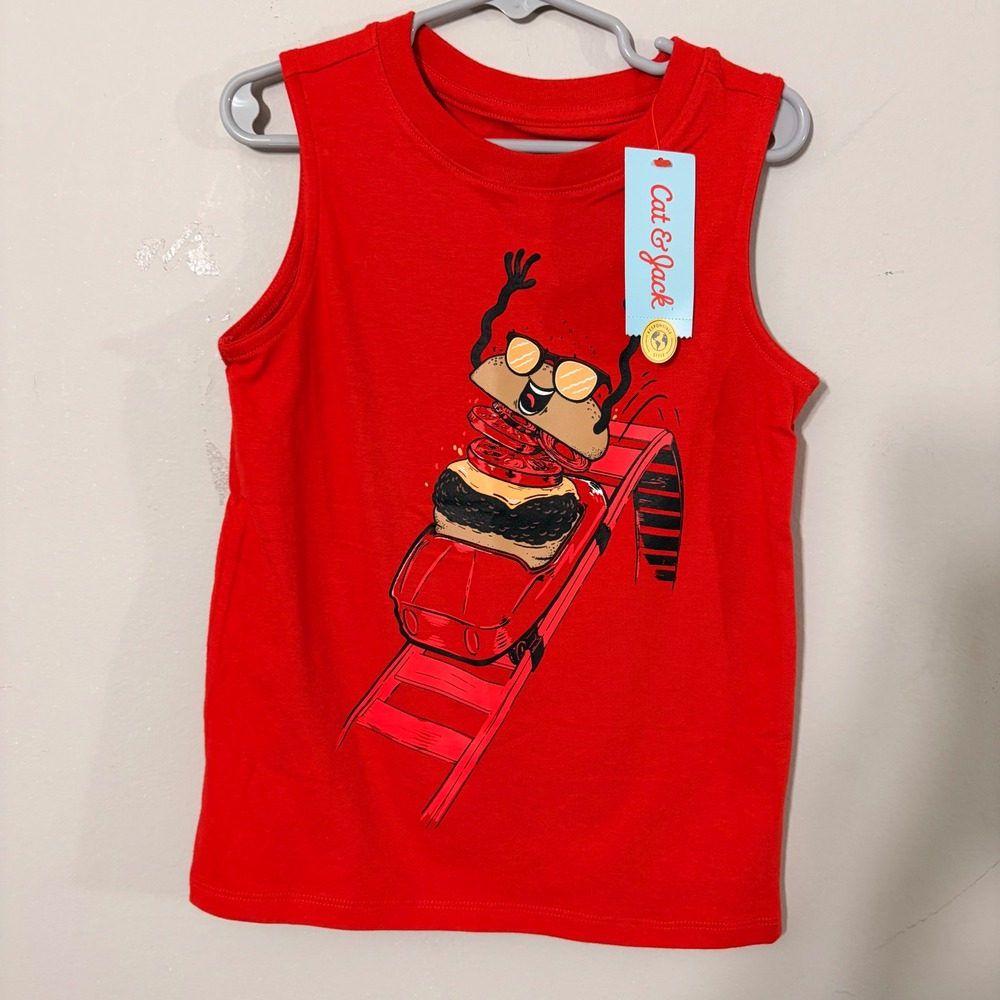 Cat & Jack Tank Top Boys XS 4/5 Red New Burger Roller Coaster Graphic Muscle Tee